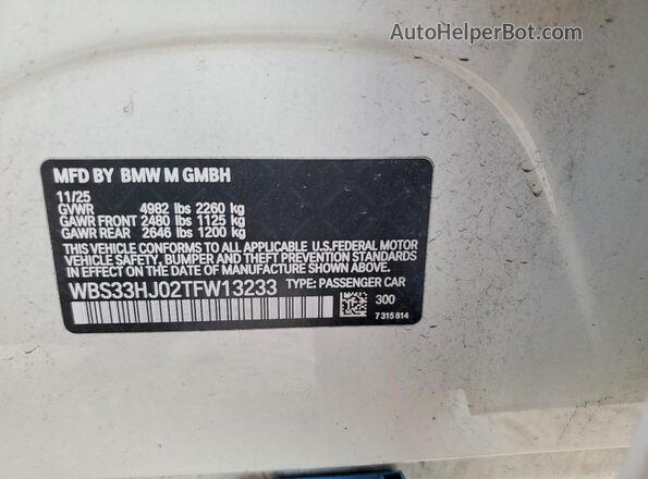 WBS33HJ02TFW13233 2026 BMW M3 White VIN կոդի պիտակի տեսք
