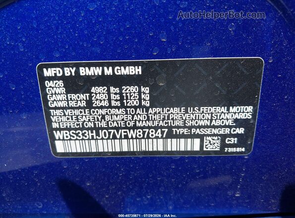 WBS33HJ07VFW87847 2027 BMW BMW M3 COMPETITION Blue Engine compartment view