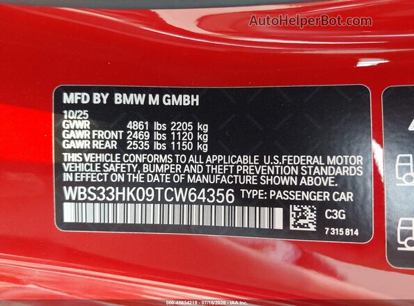 WBS33HK09TCW64356 2026 BMW M4 Orange Engine compartment view