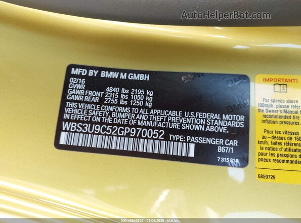 WBS3U9C52GP970052 2016 BMW M4 Yellow Вид підкапотного простору