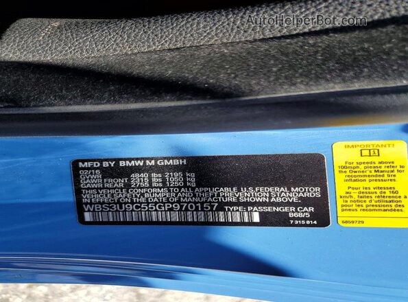WBS3U9C55GP970157 2016 BMW M4 Blue Вид підкапотного простору