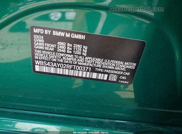 WBS43AY02RFT00371 2024 BMW M3 Зеленый Вид подкапотного пространства