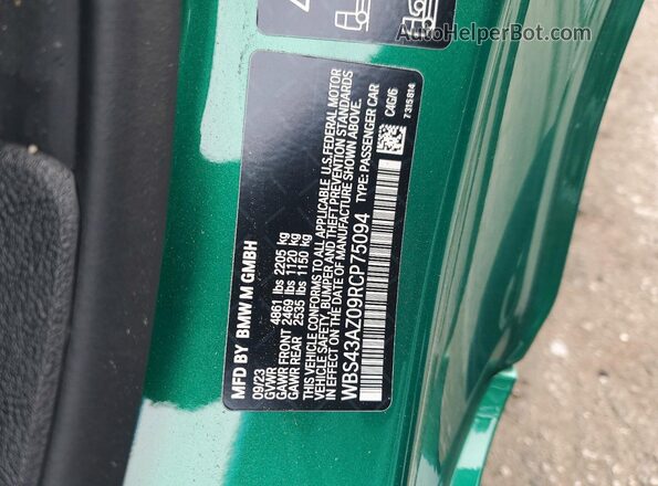 WBS43AZ09RCP75094 2024 BMW M4 Зеленый Вид наклейки с VIN-кодом