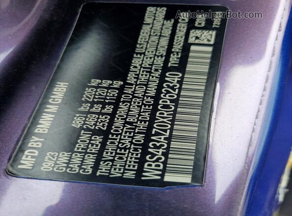 WBS43AZ0XRCP62340 2024 BMW M4 Purple Widok naklejki z numerem VIN