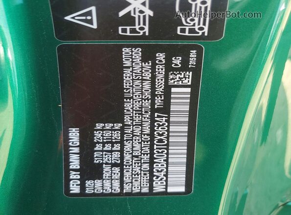 WBS43BA03TCX36347 2026 BMW M4 Зеленый Вид наклейки с VIN-кодом