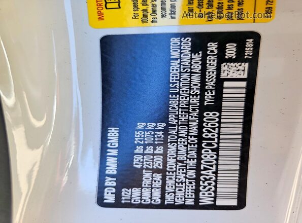 WBS53AZ08PCL82608 2023 BMW M4 White VIN sticker view