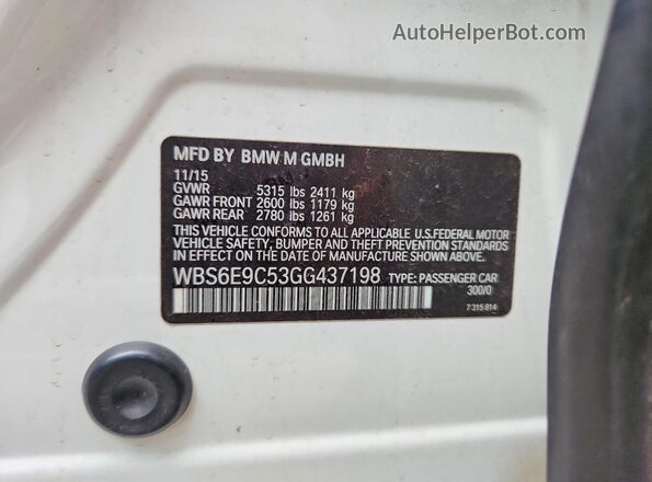WBS6E9C53GG437198 2016 BMW M6 White Вид підкапотного простору