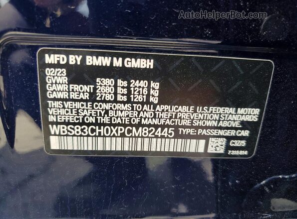 WBS83CH0XPCM82445 2023 BMW M5 Blue VIN კოდის სტიკერის ხედი