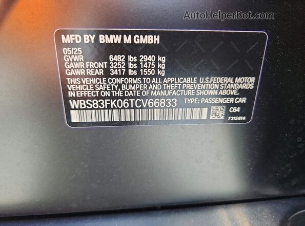 WBS83FK06TCV66833 2026 BMW M5 Black VIN կոդի պիտակի տեսք