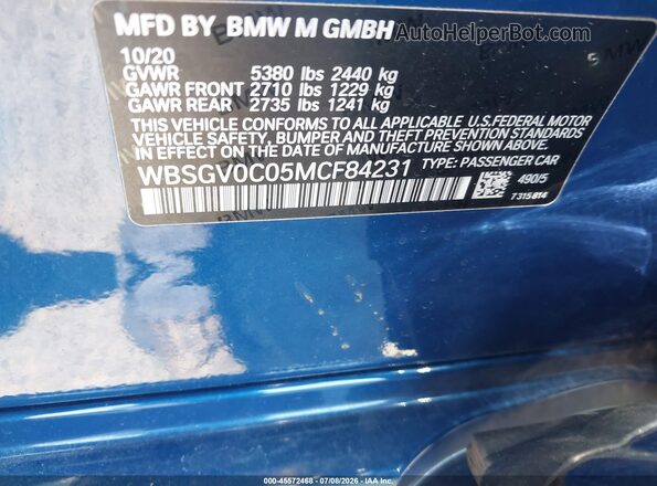WBSGV0C05MCF84231 2021 BMW M8 Blue Շարժիչի բաժամունքի տեսք