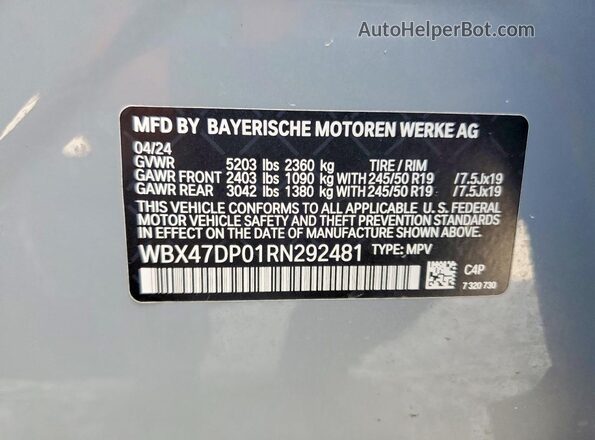 WBX47DP01RN292481 2024 BMW X3 Gray VIN sticker view