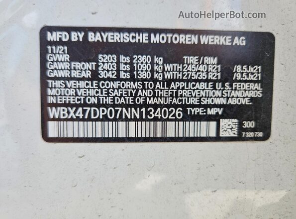 WBX47DP07NN134026 2022 BMW X3 White VIN կոդի պիտակի տեսք