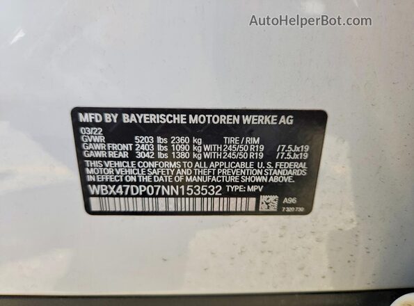 WBX47DP07NN153532 2022 BMW X3 White VIN կոդի պիտակի տեսք