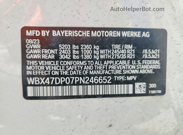 WBX47DP07PN246652 2023 BMW X3 White Widok naklejki z numerem VIN