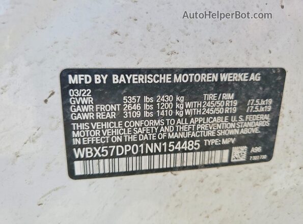 WBX57DP01NN154485 2022 BMW X3 White VIN կոդի պիտակի տեսք