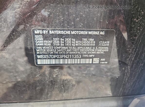 WBX57DP03PN211353 2023 BMW X3 Gray Widok naklejki z numerem VIN