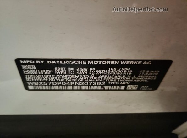 WBX57DP04PN207392 2023 BMW X3 White VIN კოდის სტიკერის ხედი