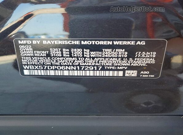WBX57DP06NN172917 2022 BMW X3 Black VIN sticker view
