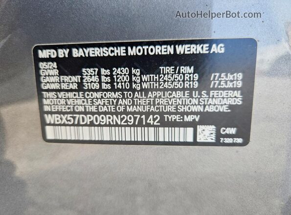 WBX57DP09RN297142 2024 BMW X3 Gray VIN კოდის სტიკერის ხედი
