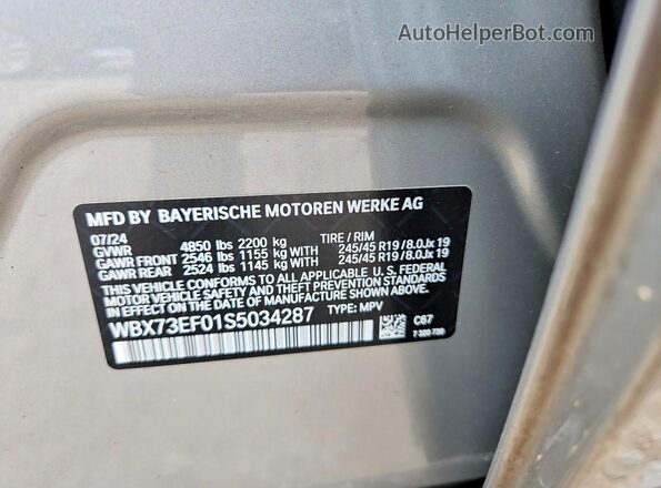 WBX73EF01S5034287 2025 BMW X1 Серебряный Вид наклейки с VIN-кодом