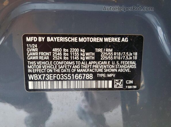 WBX73EF03S5166788 2025 BMW X1 Gray Vista de la etiqueta del VIN
