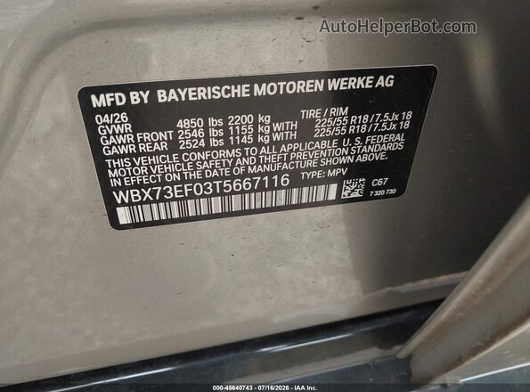 WBX73EF03T5667116 2026 BMW X1 Silver Շարժիչի բաժամունքի տեսք