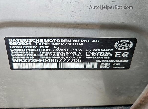 WBX73EF04R5Z77705 2024 BMW X1 Gray VIN կոդի պիտակի տեսք