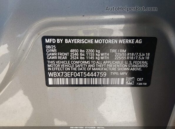 WBX73EF04T5444759 2026 BMW X1 Серебряный Вид подкапотного пространства