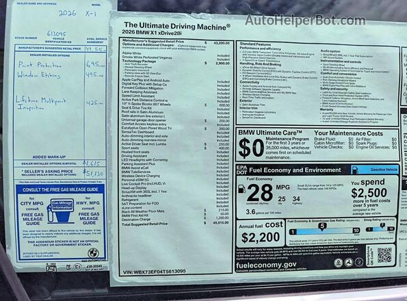 WBX73EF04T5613095 2026 BMW X1 White VIN კოდის სტიკერის ხედი