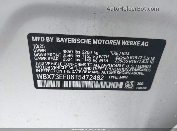 WBX73EF06T5472482 2026 BMW X1 White Вид підкапотного простору