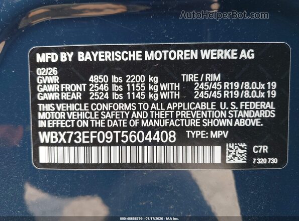 WBX73EF09T5604408 2026 BMW X1 Blue Widok komory silnika