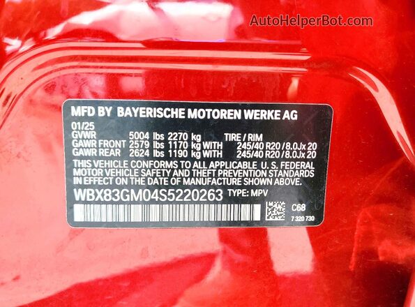 WBX83GM04S5220263 2025 BMW X2 Maroon Vista de la etiqueta del VIN