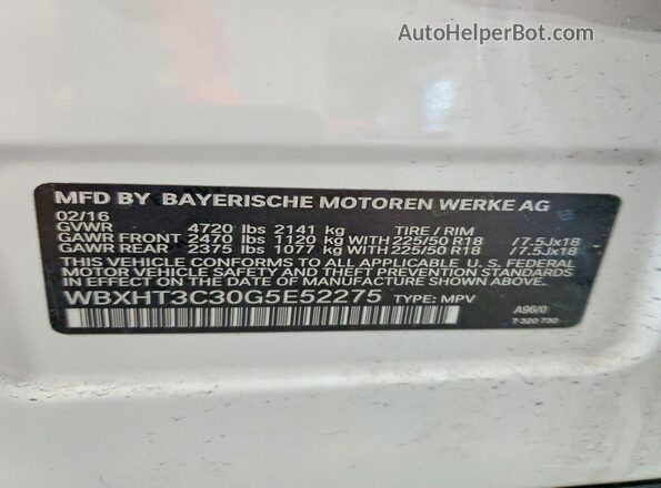 WBXHT3C30G5E52275 2016 BMW X1 White Vista de la etiqueta del VIN