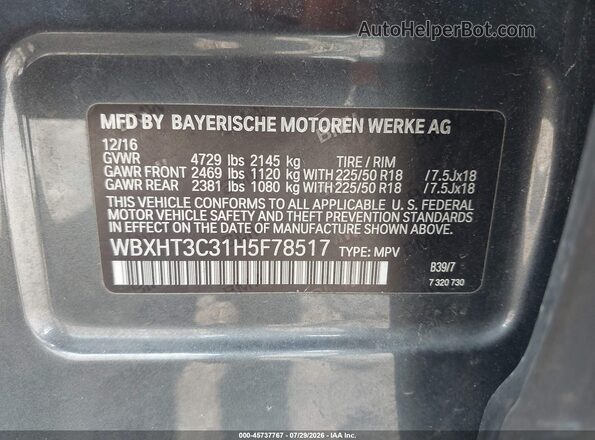 WBXHT3C31H5F78517 2017 BMW X1 Gray ძრავის განყოფილების ხედი