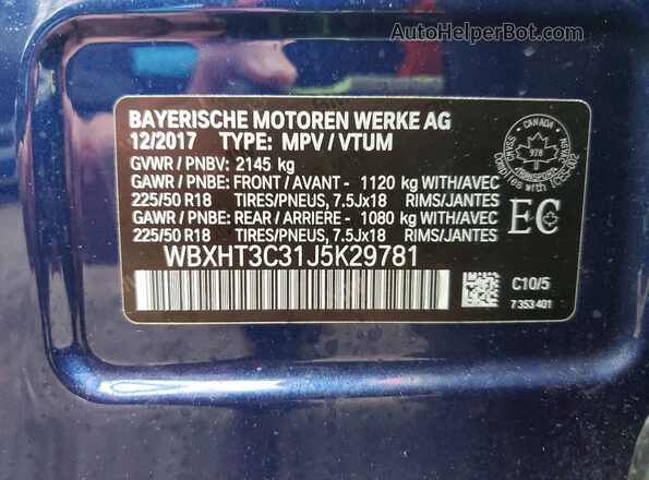 WBXHT3C31J5K29781 2018 BMW X1 Blue Vista de la etiqueta del VIN