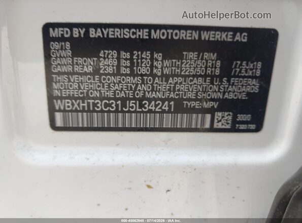 WBXHT3C31J5L34241 2018 BMW X1 White ძრავის განყოფილების ხედი