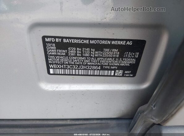 WBXHT3C32J3H32864 2018 BMW X1 Silver Вид підкапотного простору