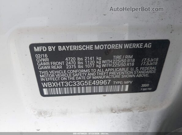 WBXHT3C33G5E49967 2016 BMW X1 White Շարժիչի բաժամունքի տեսք