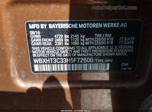 WBXHT3C33H5F72606 2017 BMW X1 Brown ძრავის განყოფილების ხედი