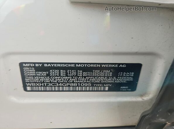 WBXHT3C34GP881095 2016 BMW X1 White VIN კოდის სტიკერის ხედი