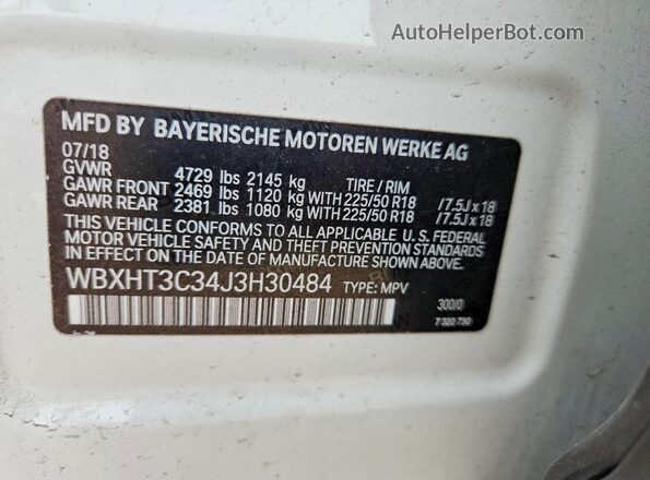 WBXHT3C34J3H30484 2018 BMW X1 White Widok naklejki z numerem VIN