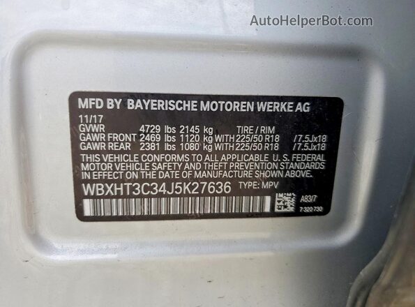 WBXHT3C34J5K27636 2018 BMW X1 Серебряный Вид наклейки с VIN-кодом
