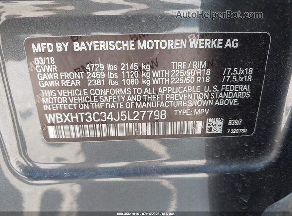WBXHT3C34J5L27798 2018 BMW X1 Gray ძრავის განყოფილების ხედი