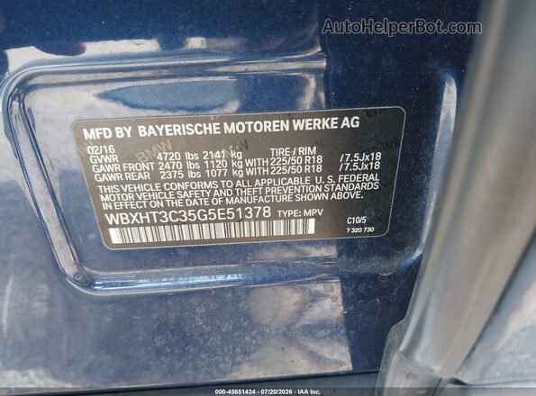 WBXHT3C35G5E51378 2016 BMW X1 Blue Вид підкапотного простору