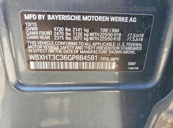 WBXHT3C36GP884581 2016 BMW X1 Gray Vista de la etiqueta del VIN