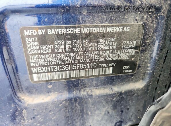 WBXHT3C36H5F85110 2017 BMW X1 Blue VIN კოდის სტიკერის ხედი
