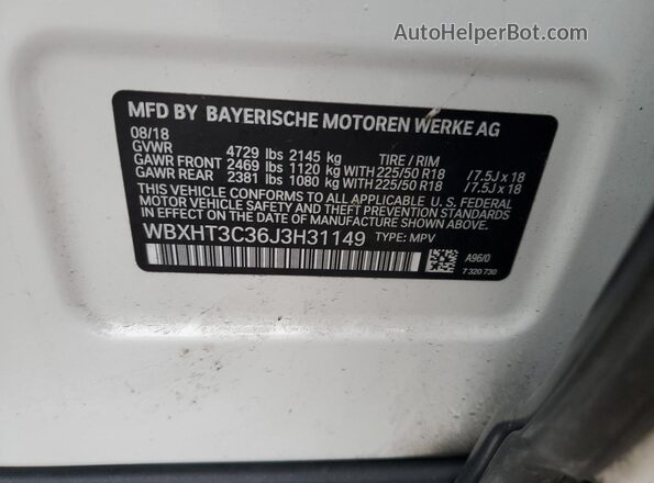 WBXHT3C36J3H31149 2018 BMW X1 White VIN კოდის სტიკერის ხედი