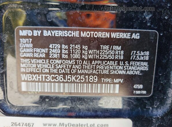WBXHT3C36J5K25189 2018 BMW X1 Black VIN კოდის სტიკერის ხედი
