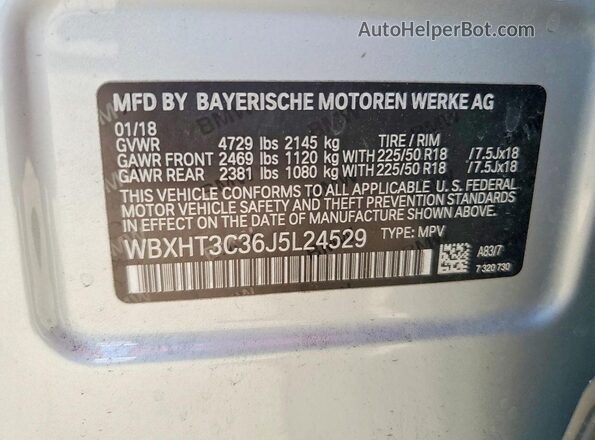 WBXHT3C36J5L24529 2018 BMW X1 Silver VIN კოდის სტიკერის ხედი