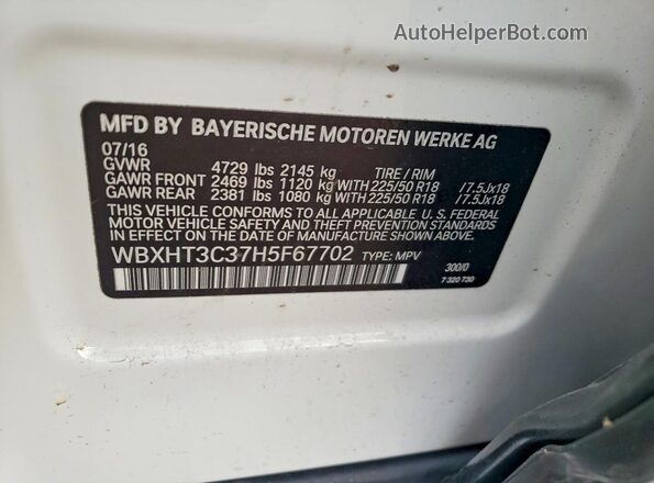WBXHT3C37H5F67702 2017 BMW X1 White Widok wnętrza 360 stopni